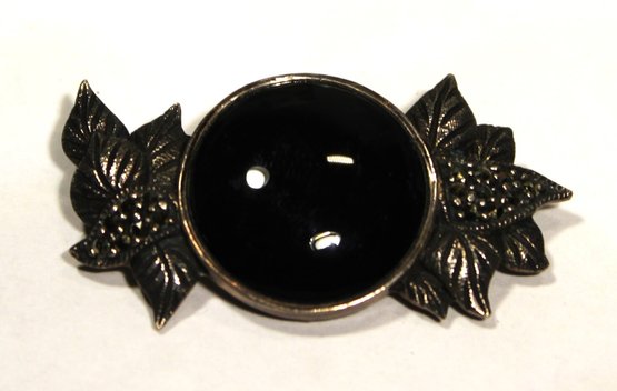 Fine Sterling Silver, Marcasite And Black Onyx Brooch