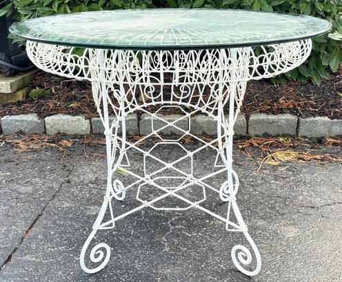 A 1920's Wrought Iron Garden Bistro Table With New Glass Top - Restored