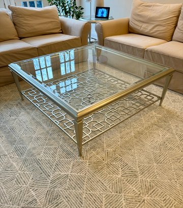 Brand New Caracole Classic SoCables  Coffee Table W/ Glass Top & Fretwork Shelf - Retail $1870