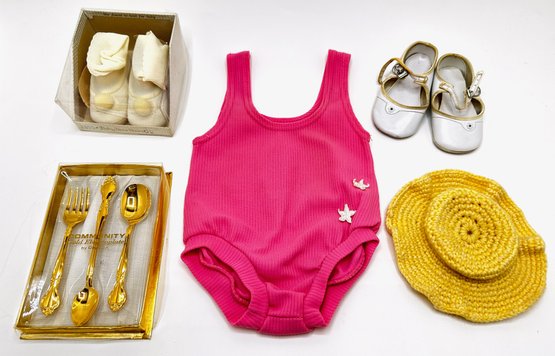Vintage 1970s Baby Clothes: Unused Swimsuit, Shoes, Handmade Hat  & Community By Oneida Flatware