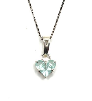 Vintage Sterling Silver Light Aquamarine Color Heart Pendant Necklace