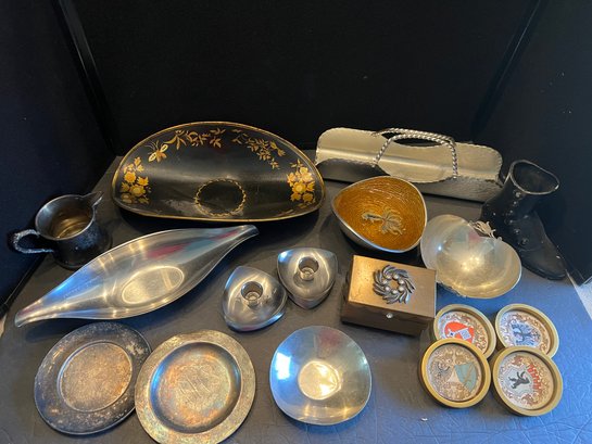Metal Lot Of 13 Pieces Bowls, Plates, Jewelry Box, Coasters, Creamer