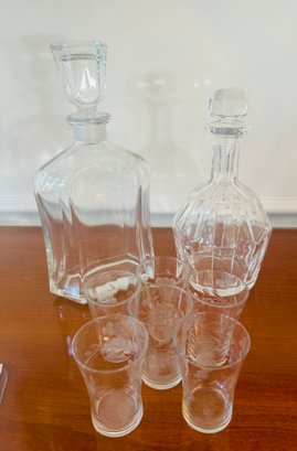 2 Decanters With 6 Etched Glasses