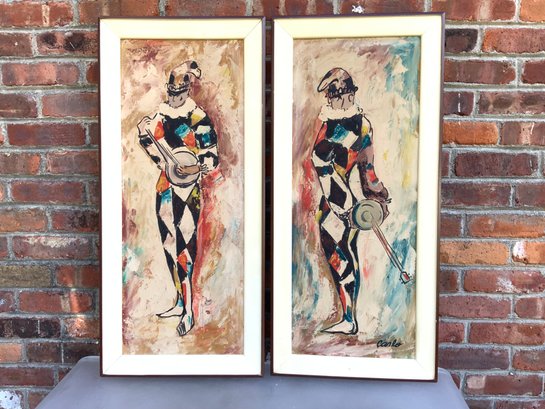 Pair Of Harlequin Paintings On Board By Carlo