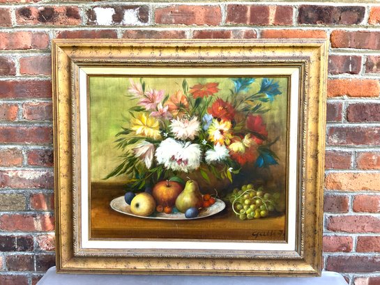 Still Life Of Flowers And Fruit On Canvas, Signed