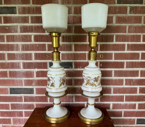 Pair Of  Mid Century French Gold Accented Milk Glass Lamps
