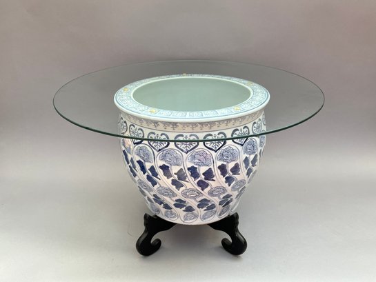 Asian Planter With Glass Top, Used As A Side Table