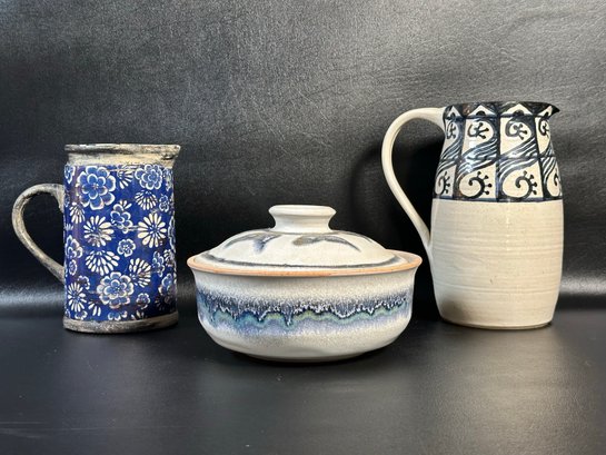 A Grouping Of Studio Pottery In Blue Tones
