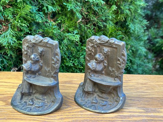 Bookends: Vintage Solid Bronze Maiden At The Fountain Well Drinking Lady