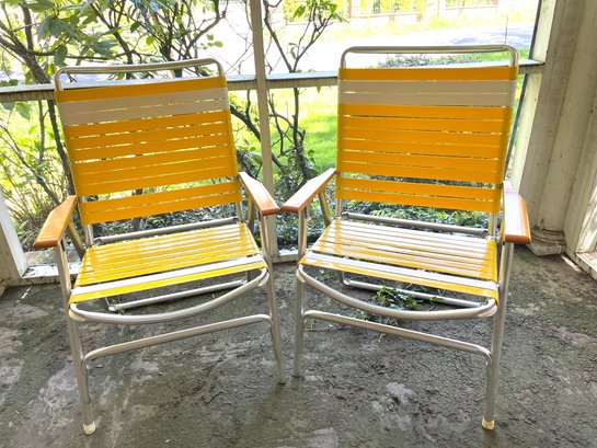 Pair Of Retro Outdoor Folding Chairs With Yellow Strapping