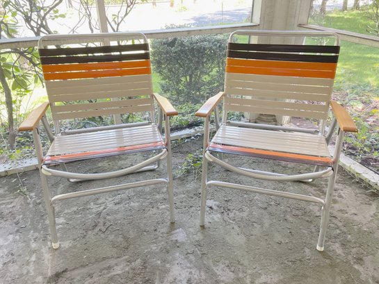 Pair Of Retro Outdoor Folding Chairs With Multi Color Strapping