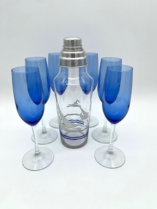 (Lot Of 7) Vintage Sailboat Cocktail Shaker With Six Cobalt Blue Glasses