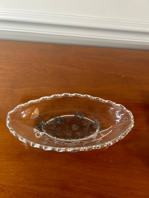 Glass  Oval Bowl With Silver Inlay - 8.5'