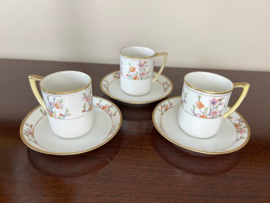 Trio Of Vintage Demitasse Cups & Saucers With Cherry Blossom Design