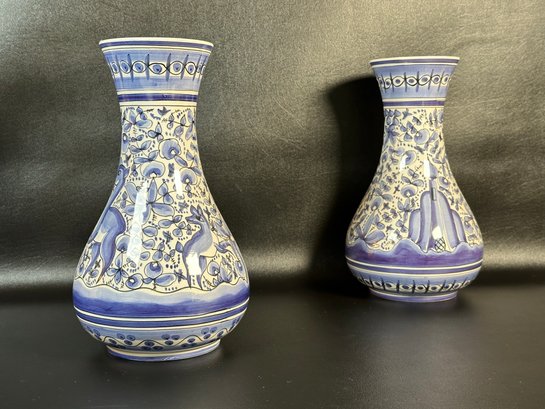 A Pair Of Ceramic Vases In Blue & White, Made In Portugal