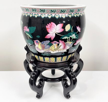 A Vintage Ceramic Chinese Planter On Lacquered Wood Base