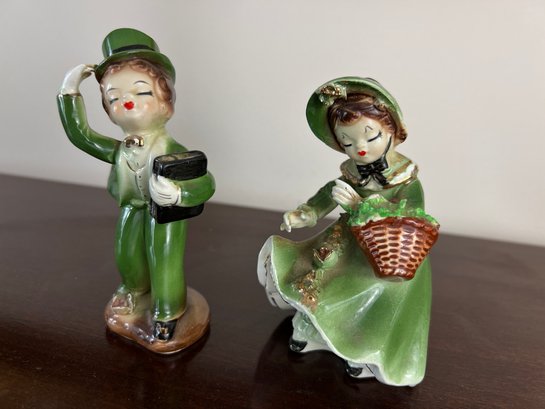 Pair Of Vintage Majolica Figurines Dressed In Green