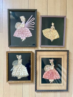 Four Vintage Fabric Embellished Paper Dolls, Framed