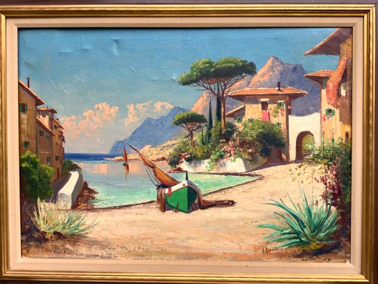 Mid Century Painting Seaside Village On Canvas