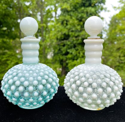 Two Hobnail Bottles With Stoppers-Blue And White Opalescent