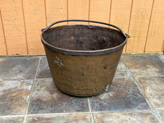 Large Brass Pot With Iron Handle, Great For Firewood
