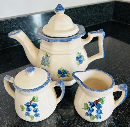 Teapot, Creamer, Sugar With Blueberry Pattern