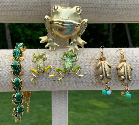 Vintage Frog Jewelry Lot ~ Pins, Bracelet & Earrings ~