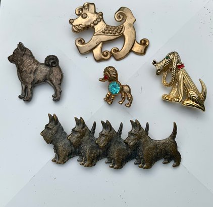 Delightful Lot Of 5 Adorable Vintage Dog Pins ~ Hound, Poodle, Scottie, Akita ~