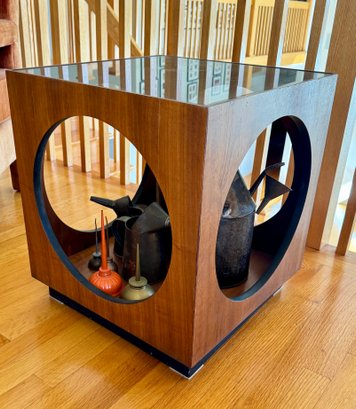 A 1960's Lane Walnut Cube End Table With Circle Motif Smoked Glass Top 95 1 Of 2