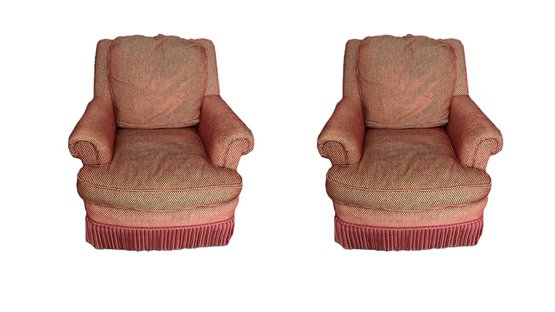 Pair Of Red & Gold Custom Upholstered Stanford Furniture Armchairs