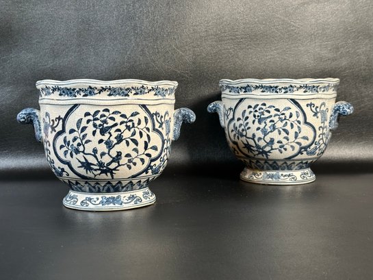 A Beautiful Pair Of Vintage Footed Jardinieres In Blue & White