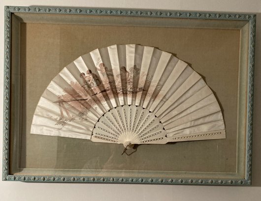Vintage Fan Framed Behind Glass, Signed