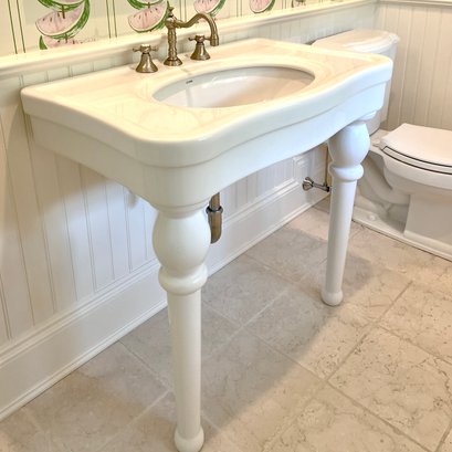 A 36' Versaille Single Console Fireclay Sink With Widespread Brushed Nickel Cross Handle Faucet - Loc A