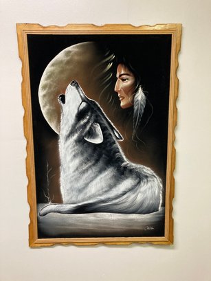 Vtg Signed Painting Of Wolf On Velvet With Wood Frame