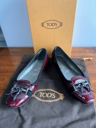 Tod's Burgundy Patent Leather Flats, Size 8