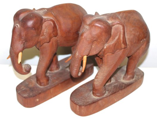 Pair Of Vintage Wood Hand Carved Elephant Figurines