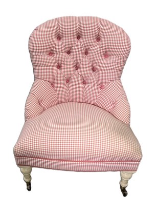 Salmon Pink Gingham Tufted Chair
