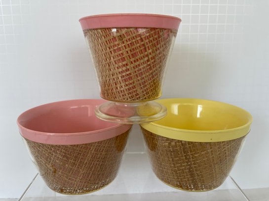Lot Of 3 Vintage Melmac Raffia Ware 2 Bowls 2.75' X 4.50 And 1 Drinking Cup 3.5' X 3.75'
