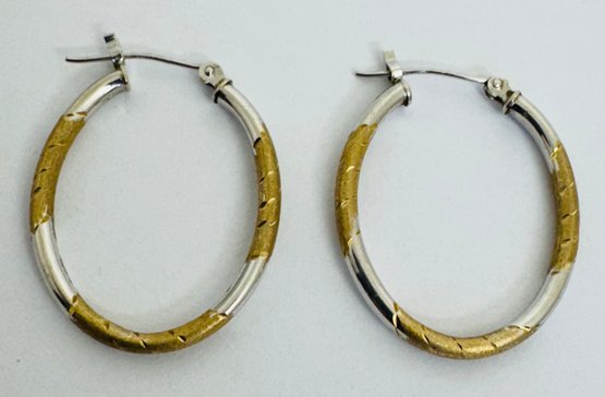 PRETTY 14K GOLD YELLOW AND WHITE DIAMOND ETCHED HOOP EARRINGS