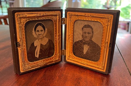 Antique Daguerreotypes Of A Man & Woman In Detailed Bi-fold Frame