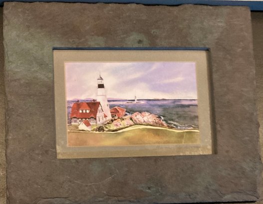 Miniature Seascape With Lighthouse Original Watercolor Painting Signed