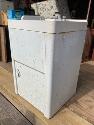 Vintage Slop Sink Mounted In Metal Cabinet