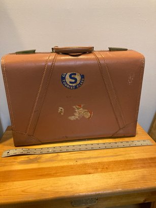 Vintage Brown Leather Suitcase With Some Old Travel Stickers