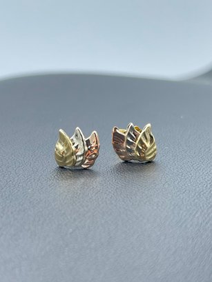 14k Tri Colored Gold Stud Earrings Leaf Shaped