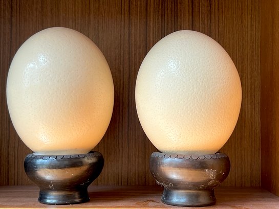 Pair Of Real Ostrich Eggs With Riser Stand