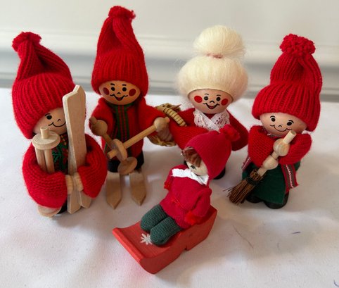 Small Holiday Figures With Skis And Sled, Sweden - Set Of 5