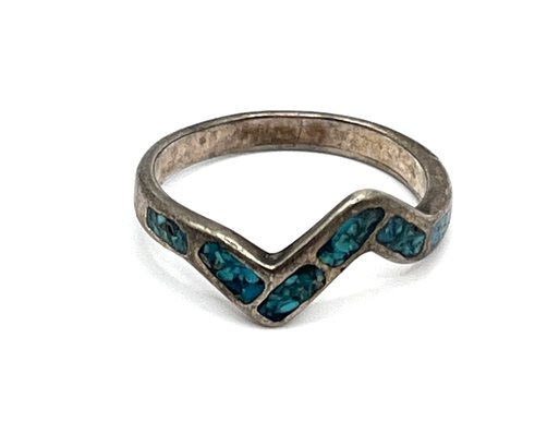 Vintage Native American Sterling Silver Turquoise Color Inlay Wavy Ring, Size 5