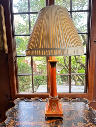 French Table Lamp In Coral & Gold Stencil Detail
