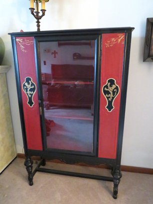 Glass Front Painted Wood Cabinet With Red & Black Griffins