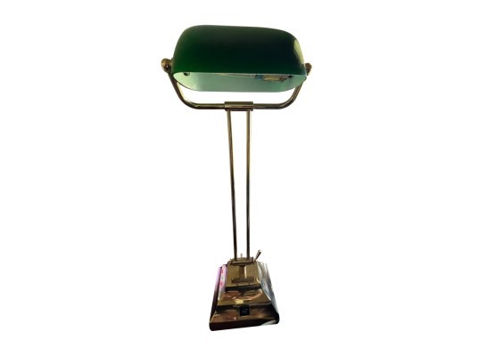 MCM Inspired Brass Bankers Lamp With Green Glass Shade